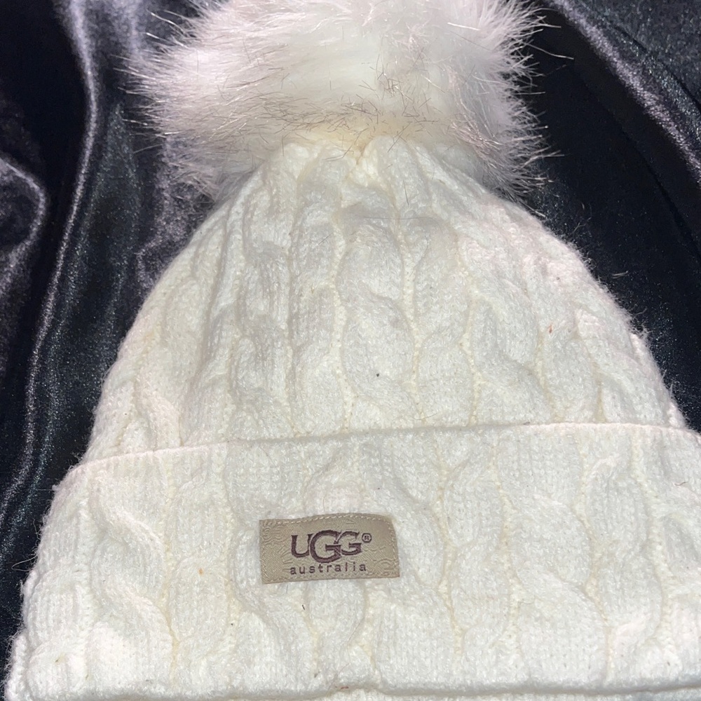 UGG Cream Cable Knit Beanie with Pom